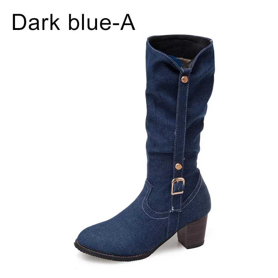 Пикантные джинсовые сапоги женские длинные короткие сапоги зимние джинсовые сапоги на высоком каблуке женские стильные джинсовые сапоги ковбойская обувь с пряжкой и ремешком - Цвет: Dark blue-a