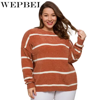 

WEPBEL Loose Stripe Long Sleeve Casual Large Size Pullover Autumn Winter Sweater Ladies Tops Fashion Women Knit Sweater