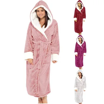 

Women Robes Long Bathrobe Winter Dressing Gowns Belt Pure Silver Velvet Hooded Casual Plus Size Bathrobe Nightgown 2020