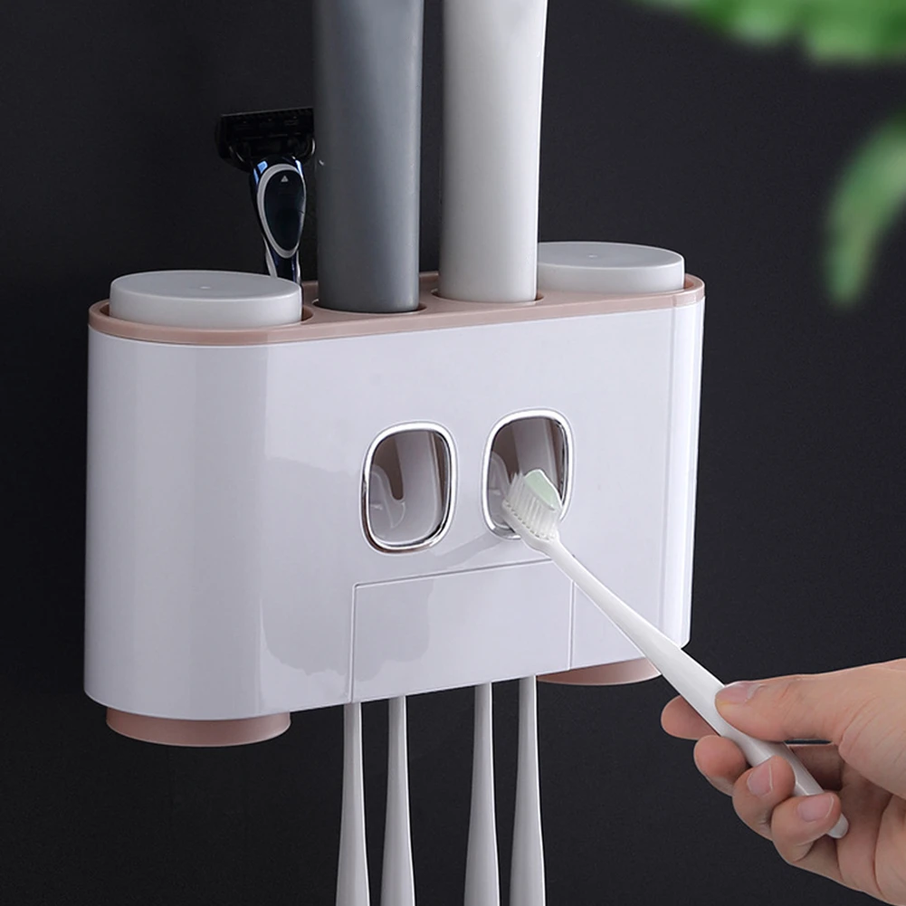 

Automatic Toothpaste Dispenser Squeezer Wall Paste Mounted Toothbrush Holder Cup Storage Rack Bathroom Accessories Organizer