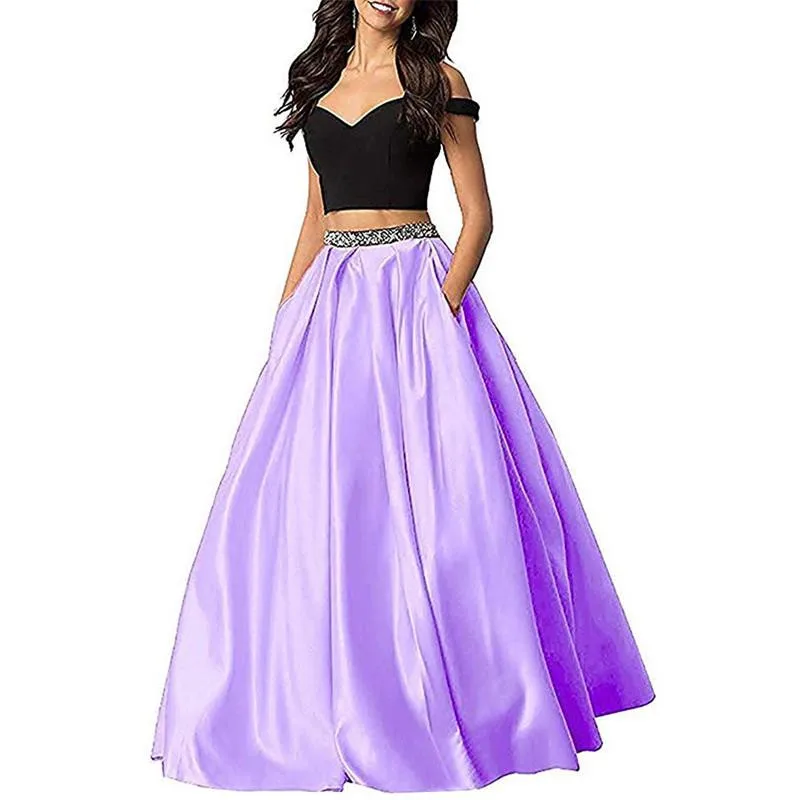 Photo Color 3 JaneVini Red Two Piece Prom Dress Long Beaded Waist Crop Top Satin Evening Gowns with Pockets Girls A Line Green Party Wear - Цвет: Photo Color 3