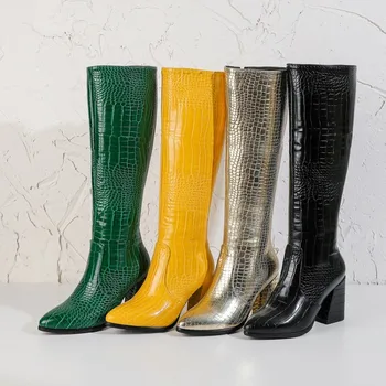 

US4-11 Womens Pointed Toe Crocodile Pattern Knee Thigh Boots Chunky Heel Side Zipper Shoes Warm Winter 4Colors Plus Size
