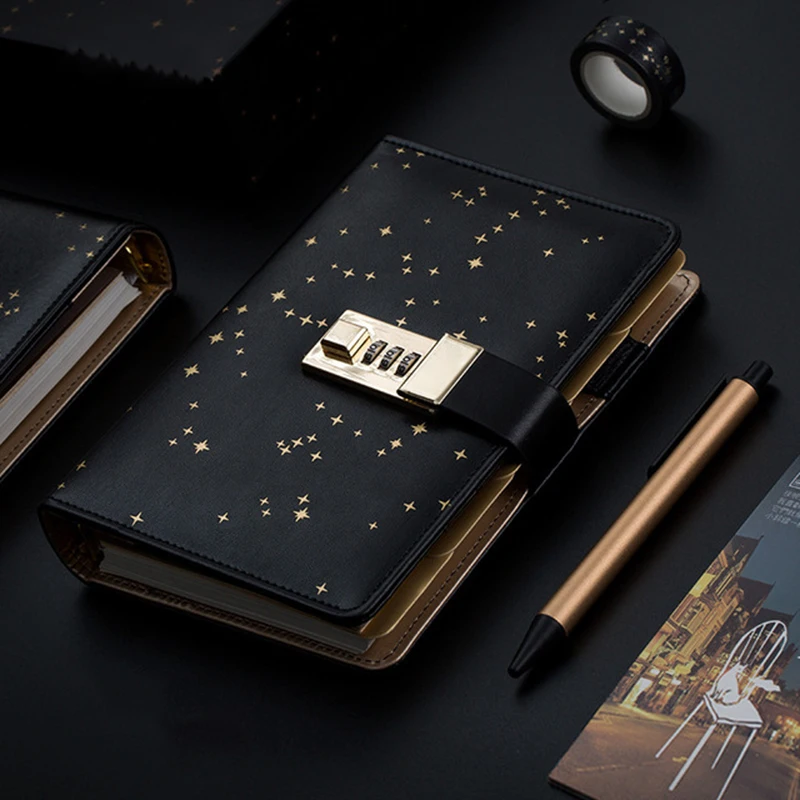 

Kawaii A6 Diary Notebook and Journals Mini Star Spiral Ring Note Book DIY Agendas Lock Office Business Notepad Gift+Pen+Tape