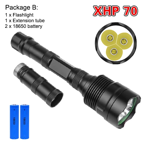 210 Package B Мощный светодиодный фонарь XHP70, перезаряжаемый фонарь с USB зумом, фонарь для кемпинга, охоты, лампа с 18650 батареей - Испускаемый цвет: 210 Package B