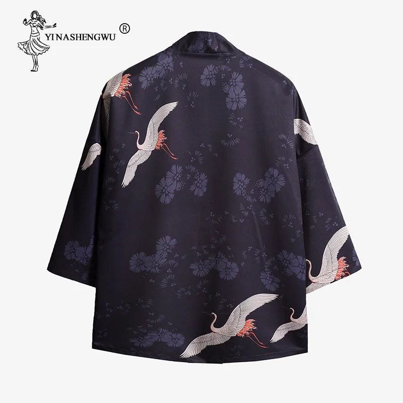 Yukata Женские кимоно кардиган для мужчин традиционное японское кимоно унисекс Harajuku пляжная свободная тонкая рубашка кран печати блузки пальто
