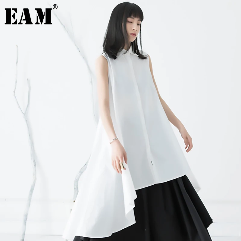 

[EAM] 2019 New Spring Summer Lapel Sleeveless Black Loose Irregular Hem Temperament Shirt Women Blouse Fashion Tide JW802