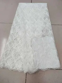 

Latest white African embroidered tulle fabric 2020 high quality French milk silk lace fabric with 3D sequins in 5 yards YYZ2633