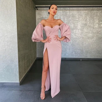 

Modern Strapless High Slit Pink Crepe Long Prom Dress with Detachable Sleeves