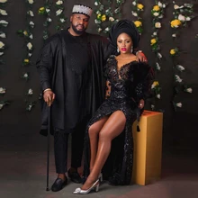 Скромные черные Бальные платья Русалка с разрезом по бокам, с глубоким вырезом, с длинным рукавом, с блестками, с аппликацией, вечернее платье размера плюс вечерние платья