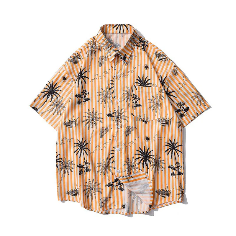 Men Shirt Short Sleeve 2021 New Arrival Summer Loose Male Shirt Thin Coconut Tree Stripe Korean Style Yellow Blue S42