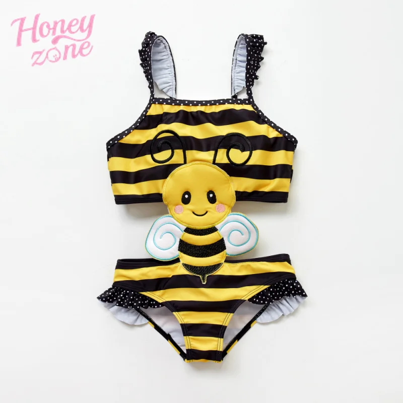 

Слитный купальник Honeyzone для новорожденных девочек, детский купальник с вышивкой в виде пчелы и насекомых, ванный комплект для девочек