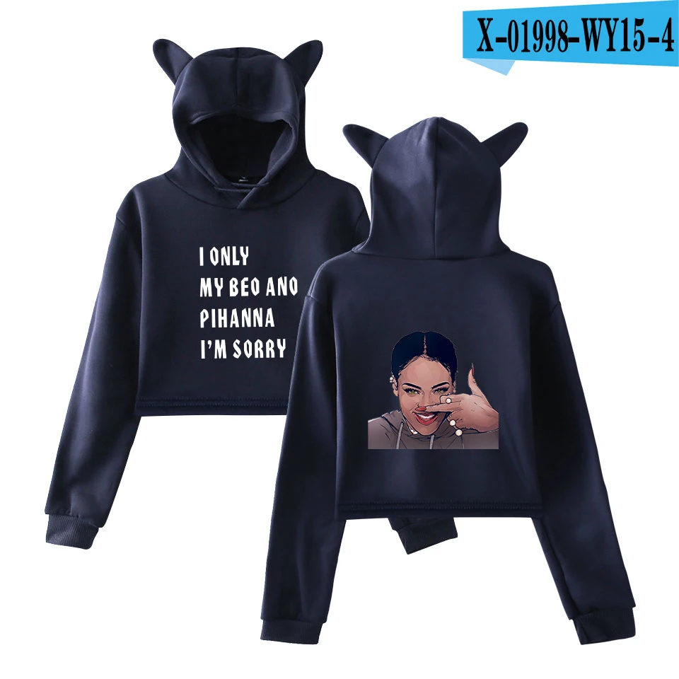 Рубашка Rihanna женские толстовки с капюшоном с длинным рукавом в стиле пэчворк, с кошачьими ушками, с капюшоном, милые укороченные топы для девочек, свитшоты женские осенние - Цвет: navy