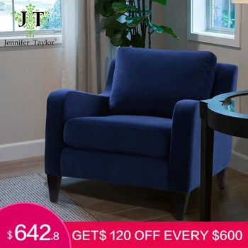 

Jennifer Taylor Serena Lawson Accent Arm Chair Expresso Legs Navy Blue Cushioned Back And low Square Arms