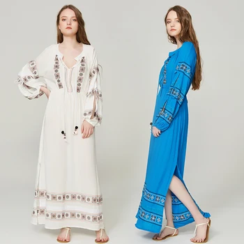 

New Women's Dress Retro Embroidered Tassel Long Dress Bohemia Travel Vacation Beach Dress