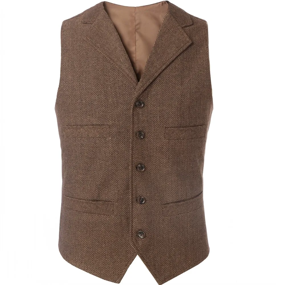 

Brown Groom Vests For Wedding Wool Herringbone Tweed Slim Fit Mens Suit Vest Farm Prom Dress Waistcoat Plus Size