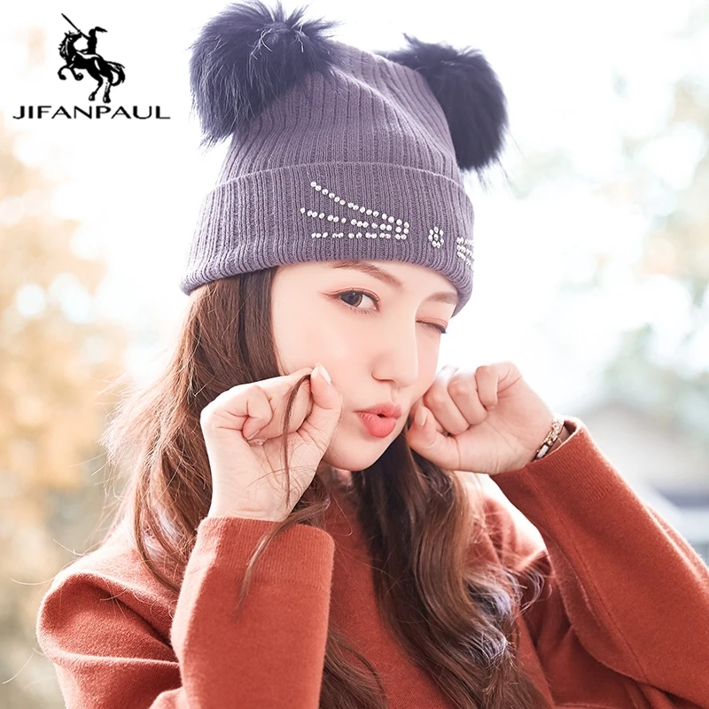 

JIFANPAUL Hat women's winter wild warm double hair ball ear protection knitted baby woolen cap plus velvet padded cap