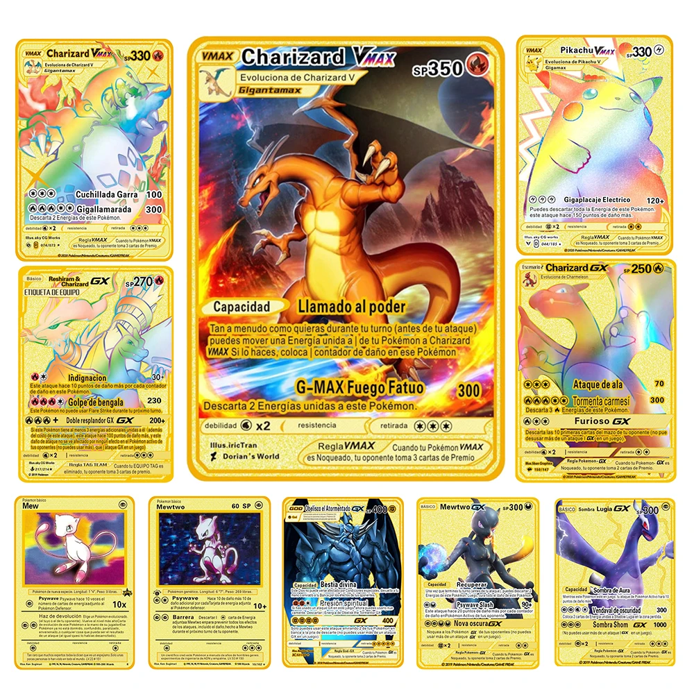 5PCS/SET Spanish Pokemon Metal Card Pack VMAX GX España Gold Cards Charizard Cartas Battle Game Collection Kids Toys Gift | Игрушки и