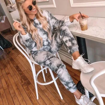 

2 piece set Women's Long-Sleeve Trousers Set tie dye home wear polyester plus size clothes pjs pajama set for women Casual Suit