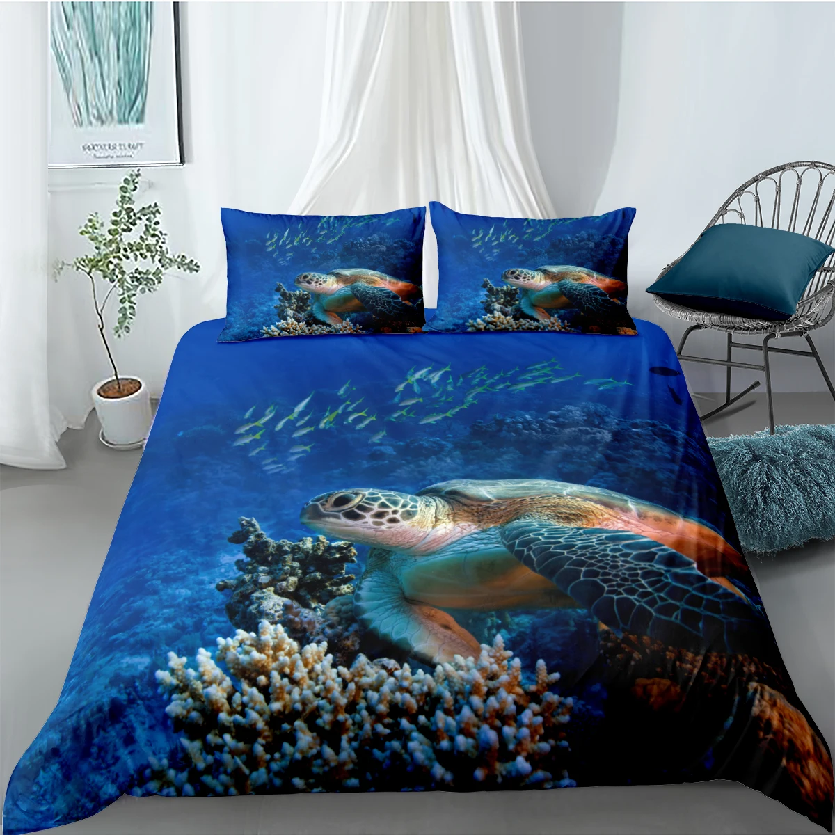 

3D Blue Bedding Set Sea turtle Duvet Cover Sets Sea Animals Comforter Cases Pillow Slips King Queen Single Twin Size 173*230cm