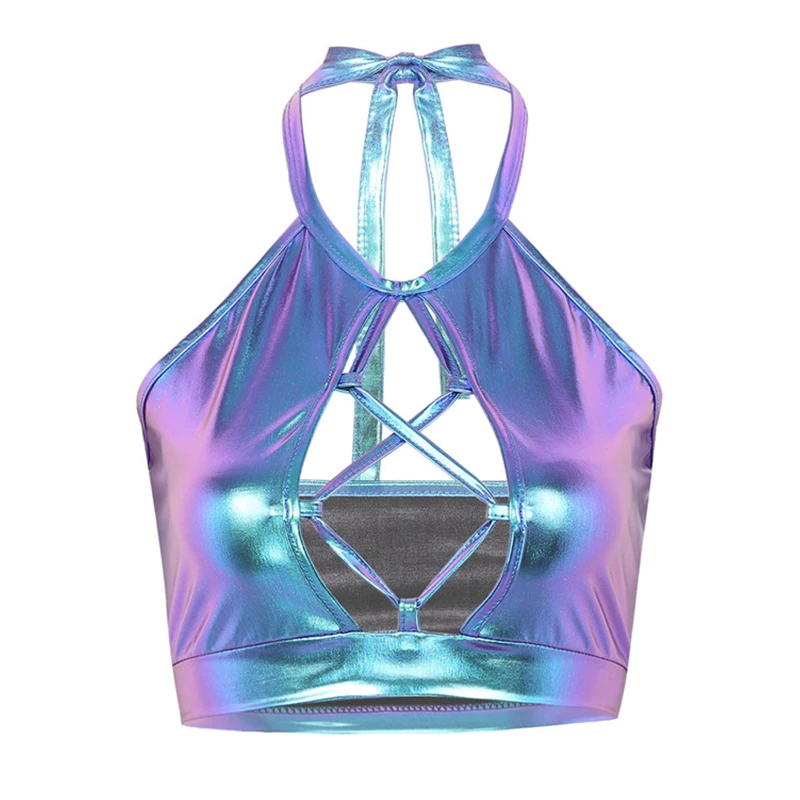 Blue Женская пляжная одежда с эффектом Wetlook, металлический топ с бретелькой через шею, открытая передняя часть, открытая спина, майка на бретельках, Пляжная блуза вечерние, Клубная одежда - Цвет: Blue