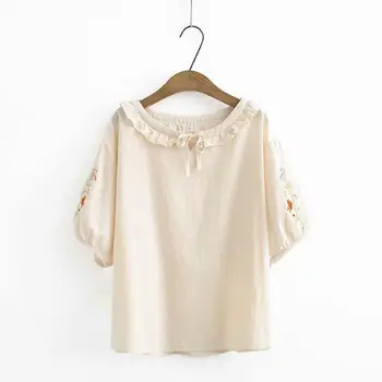 

Plus size cotton embroidery sleeve Slash neck women loose tshirts 2020 new summer casual ladies soft solid navy t shirts female