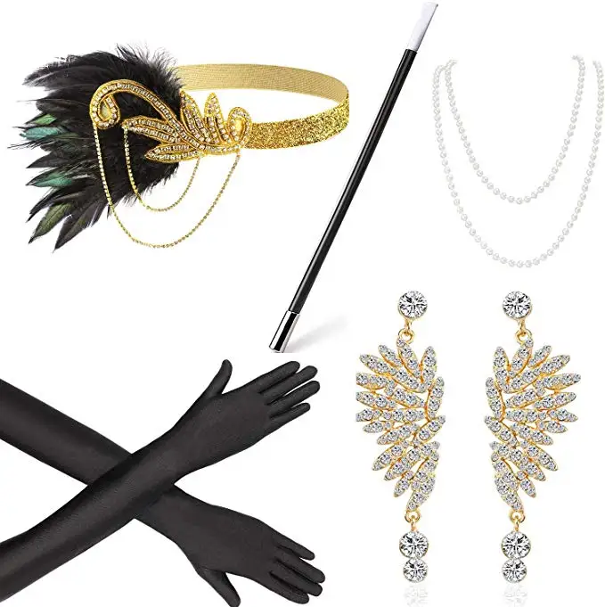 Ecoparty 1920s Женские аксессуары 20s Хлопушка Костюм Gasty повязка на голову серьги ожерелье перчатки держатель для сигарет