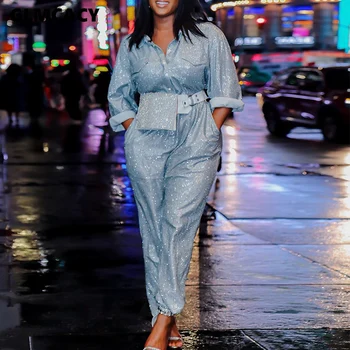 

Women Sequined Long Sleeve Turn Down Collar Bodycon Jumpsuit Skinny Shining Sparkly Solid Chic Spring Fall Plus Size Overall