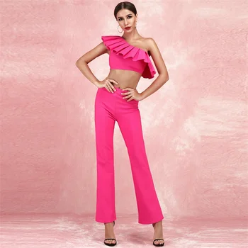 

Ruffles One Shoulder Bandage 2 Two Pieces Set Short Crop Top Long Pants Rose Red Celebrity Party Club Women Dresses Summer