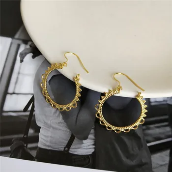 

RUIYI Women Luxury Real 925 Sterling Silver Drop Earrings Girl Lace Circle C Shape Charm Drop Earrings Female Gold Niche Earring