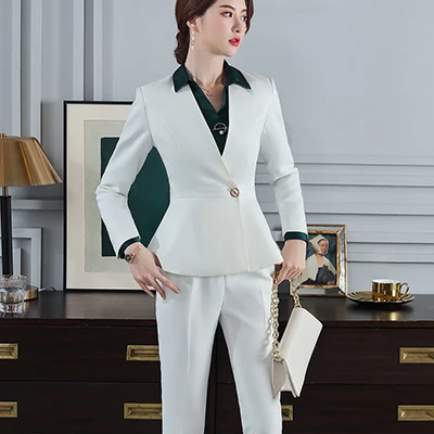 White Pant Suit Новое поступление, высококачественные элегантные женские брюки, костюм, Тонкий Блейзер с рюшами и штаны, комплект из 2 предметов, костюм 5XL - Цвет: White Pant Suit