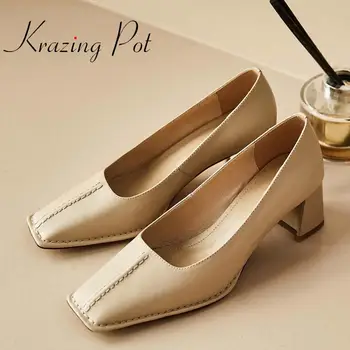 

Krazing pot solid sheep leather soft square toe high heels sewing handmade high quality simple style non-slip shallow pumps L20