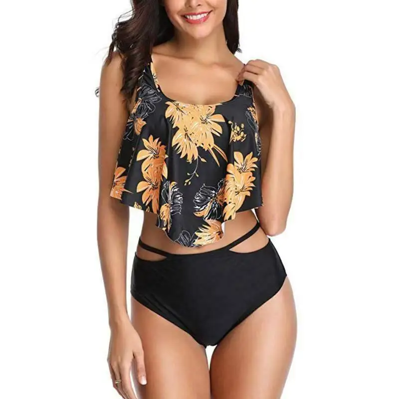 Women Floral Two Pieces High Waisted Ruffled Tummy Control Bikini Set Female Summer Beach Swimsuits Outfits S-2XL |