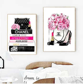

Fashion Magazine Wall Art Prints High Heels and Lipstick Vogue Picture Poster Pink Flowers Canvas Painting Girls Room Home Decor