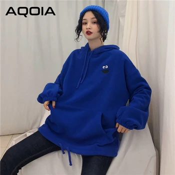 AQOIA Autumn Cartoon Loose Women s Hoodies Sweatshirt Pockets Oversize Embroidered Sweatshirts Women 2019 Winter