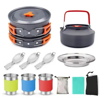 

Outdoor Camping Hiking Cookware Picnic Soup Fry Pan Kettle Fork Spoon Kit