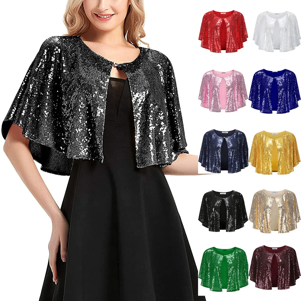 

Women Sparkling Sequin Shawl Lady Glitter Wraps Shrug Party Cape Club Dance Bolero Flapper Cover Up for Evening Prom Dress