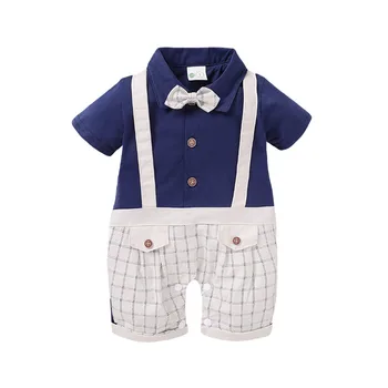 

Children Summer Boys Plaid Short Sleeved Bowknot Patchwork Vest Gentleman Romper Jumpsuit Tie