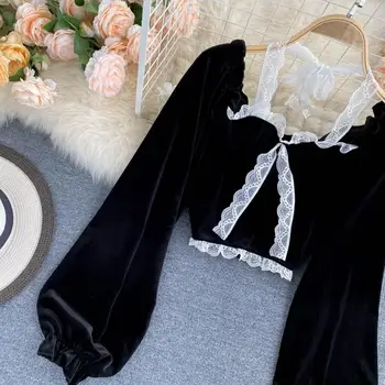 Sexy Halter Lace Patchwork Short Blouse For Women Casual Puff Sleeve Velvet Shirt Female Black