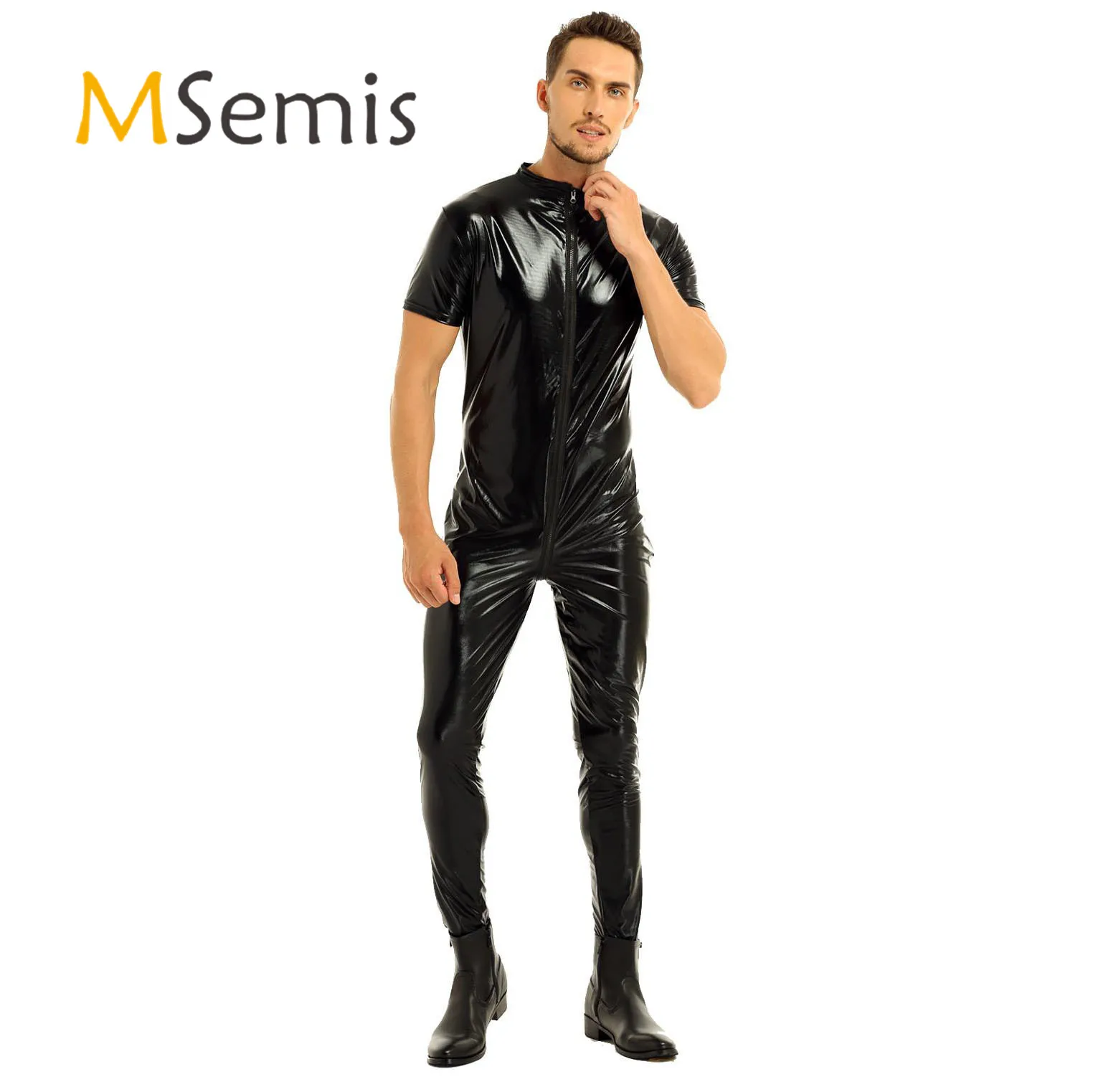 Mens Lingerie Wet Look Faux Leather Full Bodysuit Stretchy Short Sleeves Zipper Crotch Bodysuit for Stage Performance