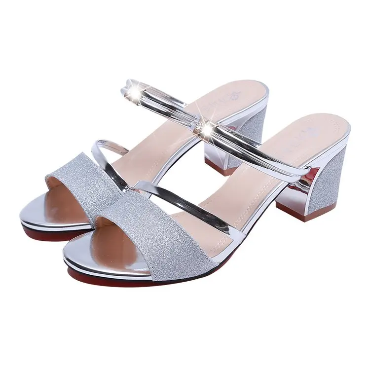 

2020 Women Sandals Square Toe Shoes Metal Bling Female Fashion Slip On Shoes Ladies New Style Footwear Woman Sequined Cloth
