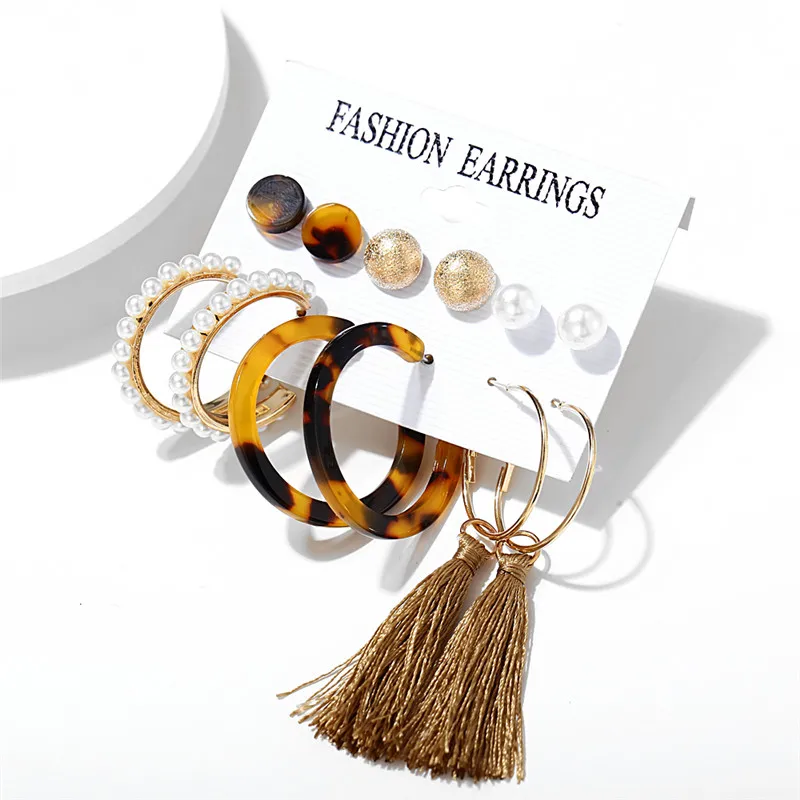 

17KM Simulation Pearl Tassel Earrings Set For Women Bohemian Earring Round Stud Earring 2019 Brincos Female Fashion Jewelry