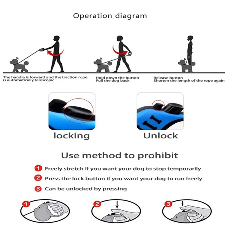 16 Ft Durable Retractable Dog Leash for Small Medium Large 360 Degree Tangle-Free, Anti-Slip Handle, One Button Break& Lock. Bo