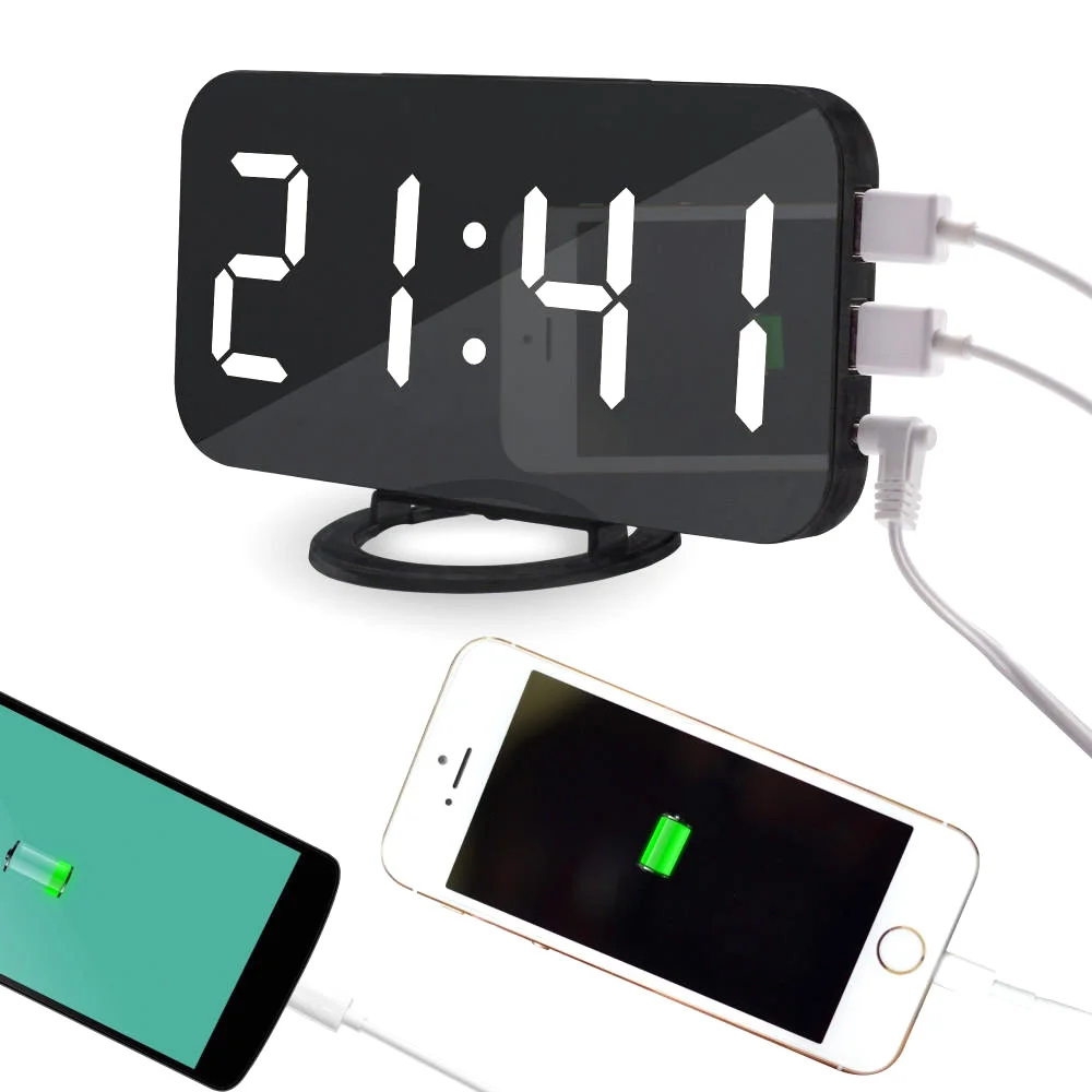 

Digital Clocks USB Digital LED Alarm Clock Dual Port Charging Mirror Clock Snooze Electronic Desktop Clock Adjust Brightness