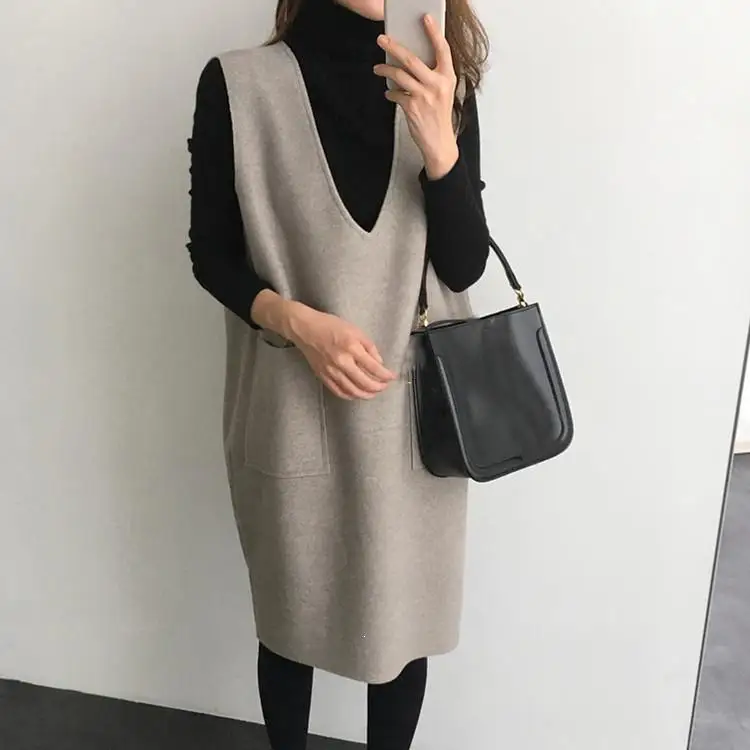 Plus Size Pockets Loose Elegant Two Piece Sets Autumn Turtleneck Black Tops And Sleeveless Dress Women's Suits