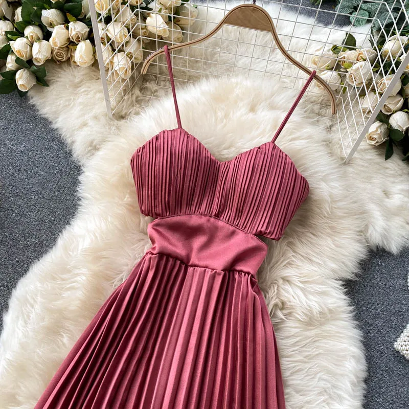 Strap Pleated Maxi Summer Sleeveless Dress