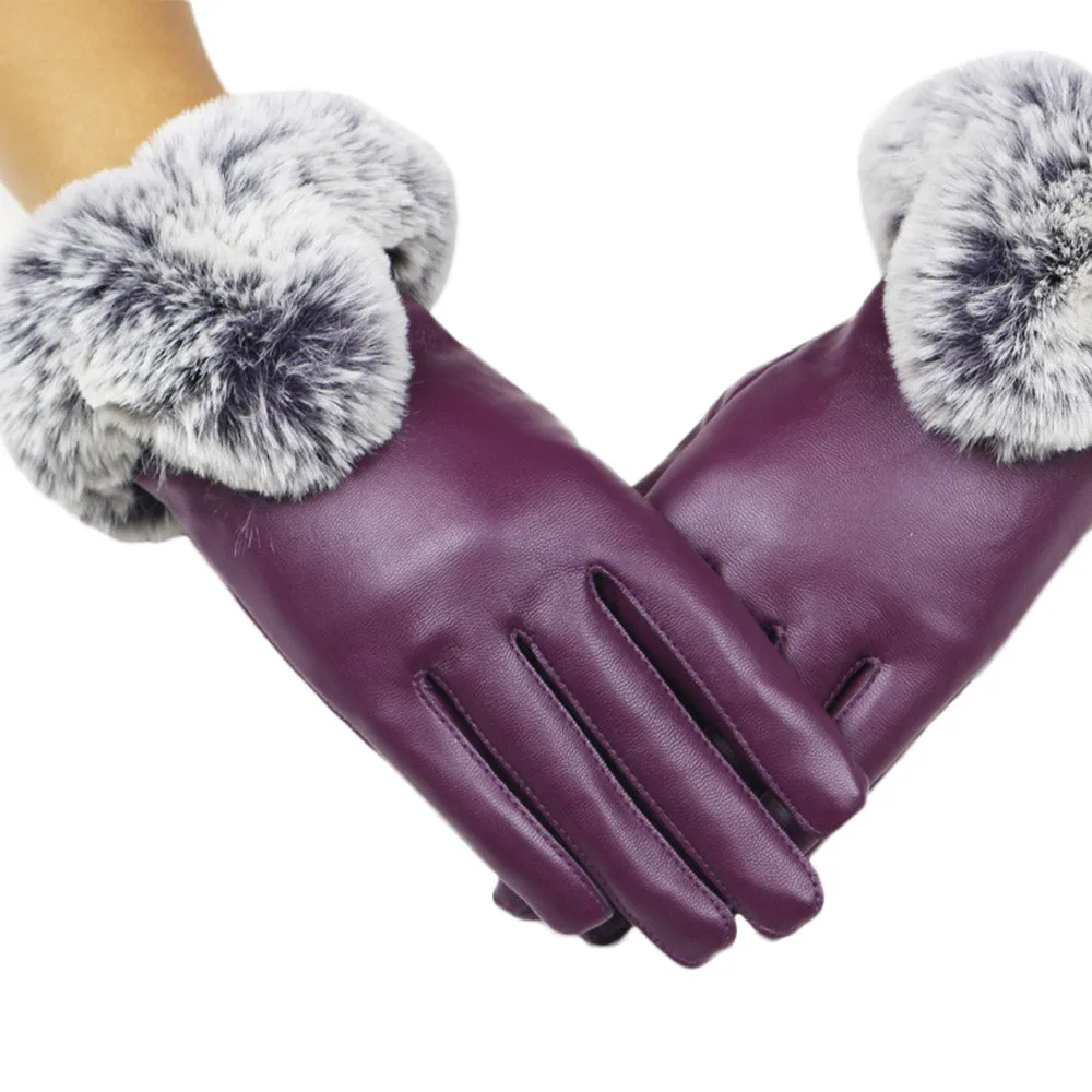 Женские черные кожаные перчатки на осень и зиму, теплые варежки из кроличьего меха, перчатки для велоспорта, зимние перчатки rekawiczki damskie - Цвет: Purple