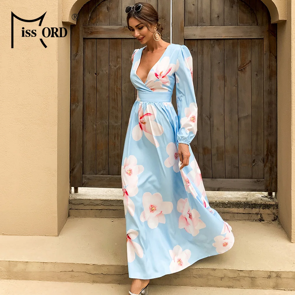 Missord Sexy Deep V Neck Boho Beach Dress Women Long Sleeve Floral Print Dress Casual High Waist Maxi Party Dress Vestido M0582