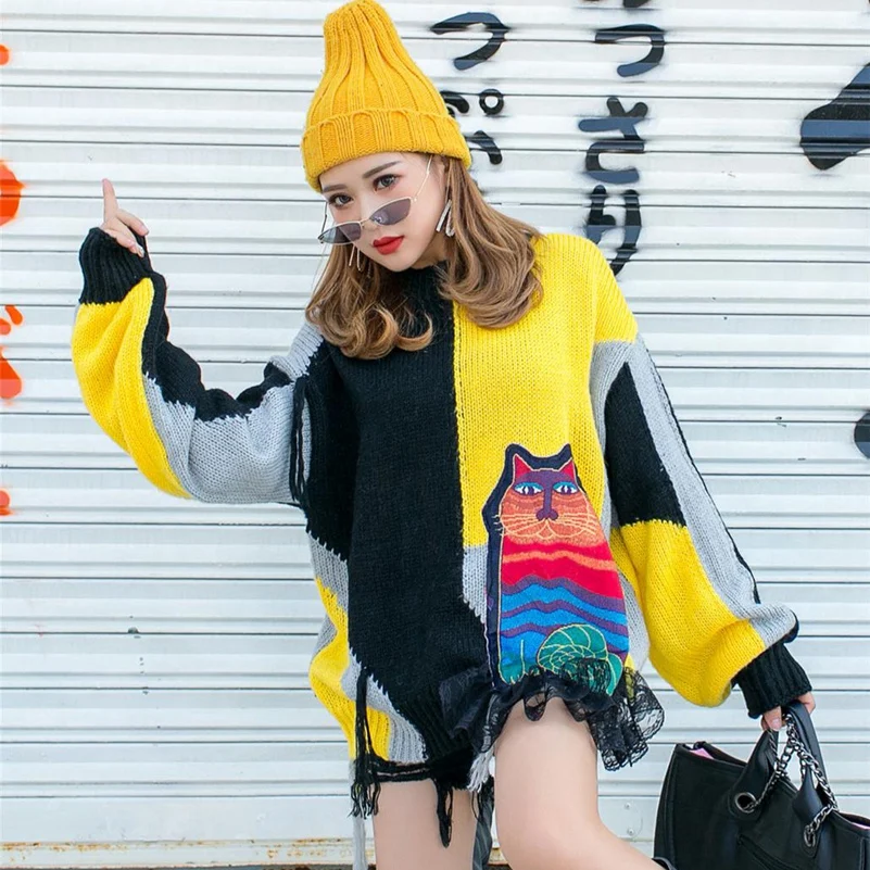 SexeMara, модный вязаный свитер с контрастными вставками и кружевами