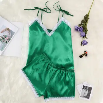 

Sexy Plus Size Solid Sleepwear Set Fashion Women Comfort Lace Up Sleeveless Lace Pajamas Set Koronkowa Pizama 2019 Hot Sale 1