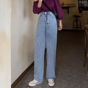 

Wide Leg Denim Jeans Women Casual High Waist Loose Jeans Blue Straight Trouser Vintage Korean Boyfriend Pants Plus Size W556